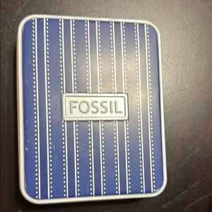 Fossil Blue Striped Tin Box empty collectible
